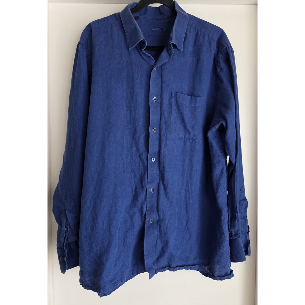 Raymond Men Linen Shirt Long Sleeve Collared Blue Solid Button-Up Top